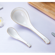 Long handle Porcelain spoon,white seving soup spoon with golden rim.